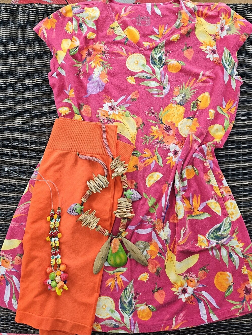 Bright Pink Tropical Floral V-Neck Dress with Orange Accent